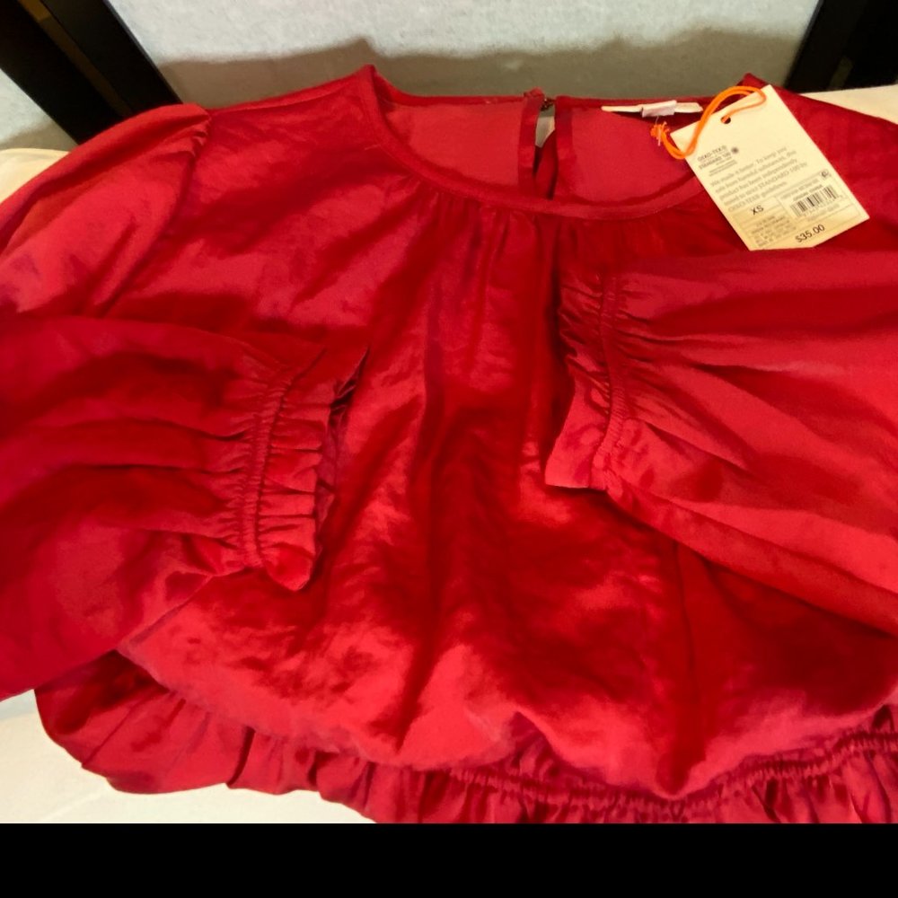 Knox Rose Red Satin Ruffled XS Mini Dress Gathered Scoop Neck Long Sleeve NEW - Picture 5 of 8